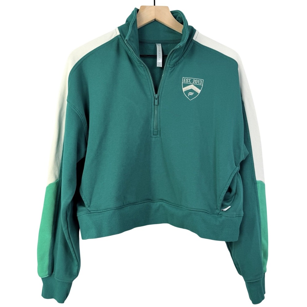 Fabletics Womens Green Colorblock Quarter Zip Cropped Sweatshirt Size M Pullover